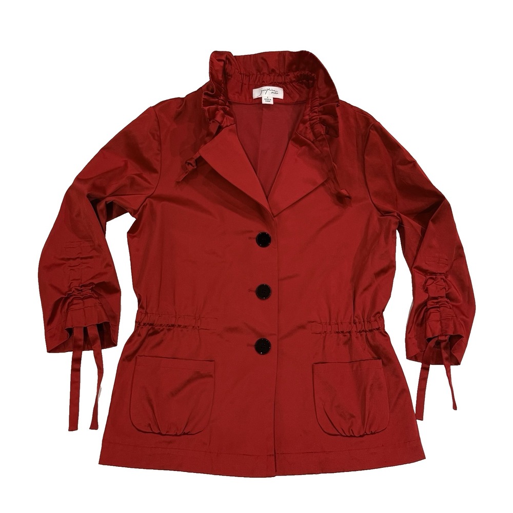 Satin Bombshell Jacket Coat Blazer Women 4 S Red Ruffle Collar Pinup Retro Sexy - Picture 1 of 7